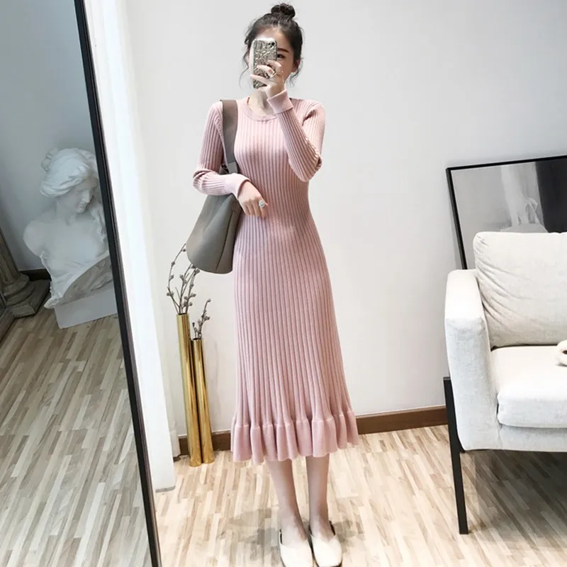 Pink 1108 GIGOGOU Русалка длинное женское Платье вязанное Осень Зима Пуловер Платья приталенное Элегантное макси ТРАПЕЦИЕВИДНОЕ ПЛАТЬЕ до середины икры вечерние платья - Цвет: Pink 1108