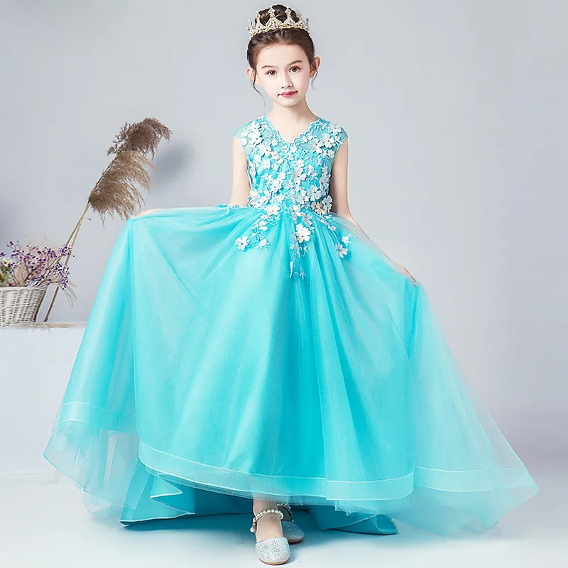 

High-Grade Children Girls Elegant Embroidery Flowers Model Performance Host Long Tail Dress Kids Evening Party Birthday Dress