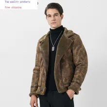 AYUSNUE, мужская кожаная куртка, овчина, пальто, осень, зима, натуральная кожа, куртки, шерсть, подкладка, Ретро стиль, мотоциклетная 14306