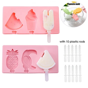 

DIY Silicone Ice Cream Mold with 10 plastic rods and cover cute Animals Shape Jelly Form Maker Ice Cream Sticks Makers Tools