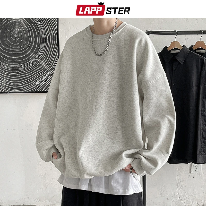 LAPPSTER 남성용 컬러풀 블랙 솔리드 후드, 오버사이즈 일본 스트리트웨어 스웻셔츠, 하라주쿠 크루넥 후디, 5XL, 2023