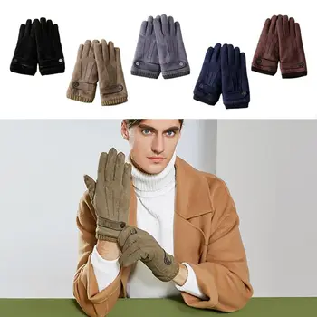 

Mens Winter Touch Screen Suede Gloves Thermal Thick Plush Lining Ribbed Cuff Warmer Cycling Driving Mittens with Button Decor