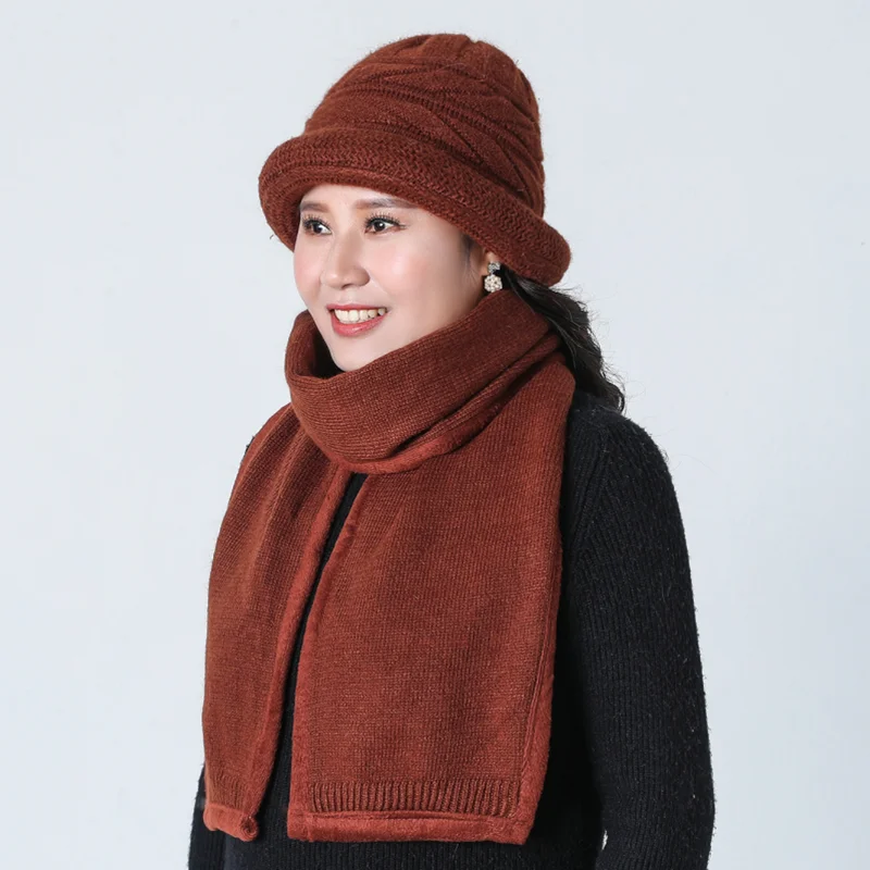 Middle-aged Lady Hat Autumn Warm Wool Mixed Warm Hat Woolen Cap Middle Age Mother Grandmother Knitted Hat scarf gloves Hat