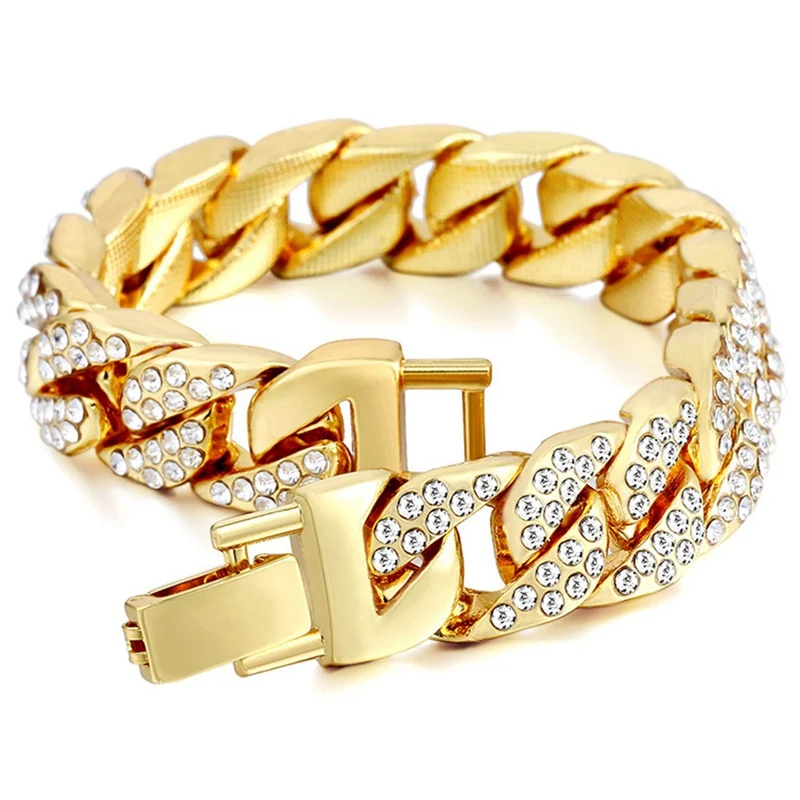 14mm Cuban Bracelet For Men Gold Silver Color Hip Hop Rhinestones CZ Rapper Bracelet Jewelry