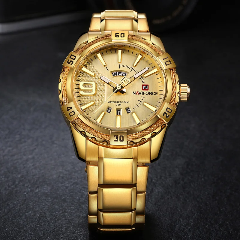 NAVIFORCE золотые мужские часы водонепроницаемые противоударные мужские спортивные часы мужские s стальной ремень бизнес золотые мужские часы Военные