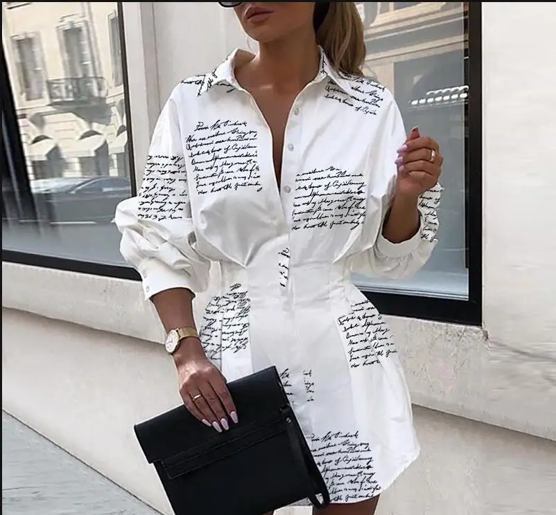 High fashion style turn-down collar lantern sleeve high waist shirt short dress lady tide patchwork fashion casual mini dress - Цвет: Белый