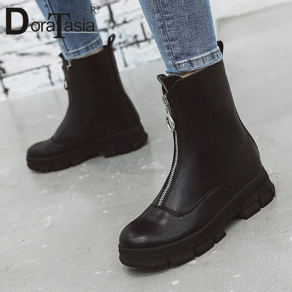 

DORATASIA Hot Sale Ladies Brand Zipper Boots Solid Comfort Med Wedges Boots Women Fashion Ankle Platform Shoes Woman