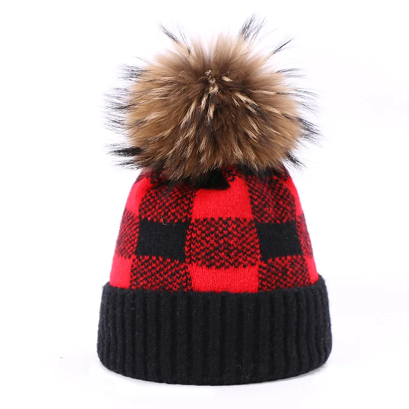 Зимняя шапка с помпоном Skullies Beanie, Классическая клетчатая шапка для мужчин и женщин, теплая вязаная Толстая шапка с меховым помпоном - Цвет: C