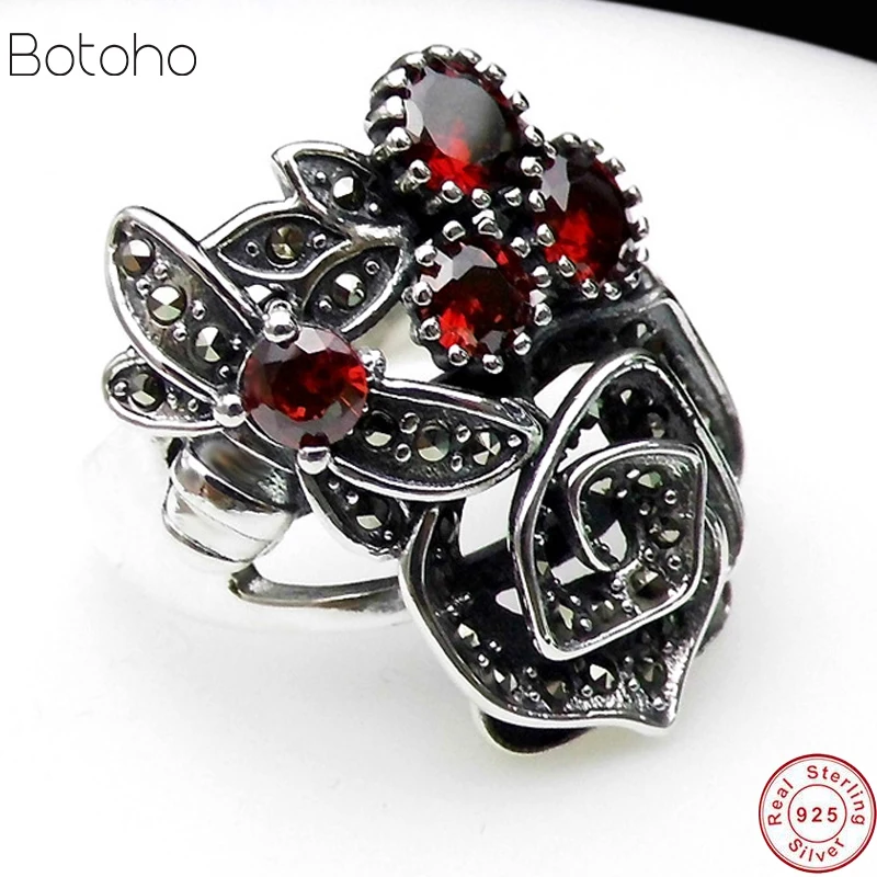 

Rose Flower Ring 925 Silver MARCASITE Red Zircon Stone Original S925 Sterling Silver Rings for Women Jewelry Adjustable Size 925