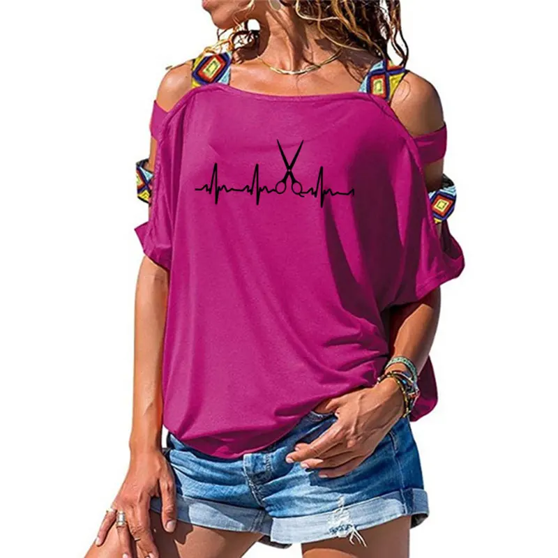 Новая летняя Парикмахерская футболка с сердцебиением, Женская хлопковая футболка с коротким рукавом для девочек, футболка парикмахера, сексуальная открытая футболка с открытыми плечами - Цвет: 17