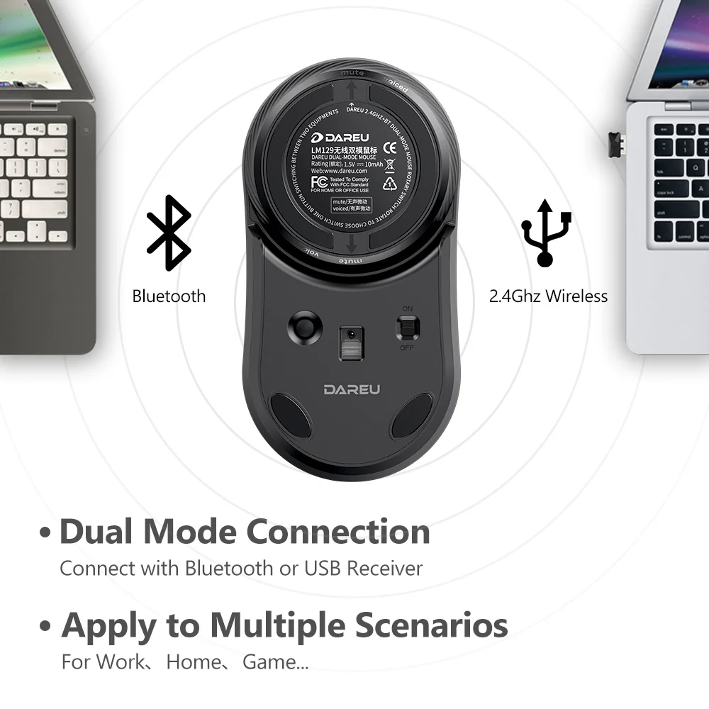 DAREU UFO Беспроводная Бесшумная мышь Bluetooth+ 2,4 ГГц Двухрежимная оптическая мышь с отключением звука или щелчком кнопки для правой и левой руки