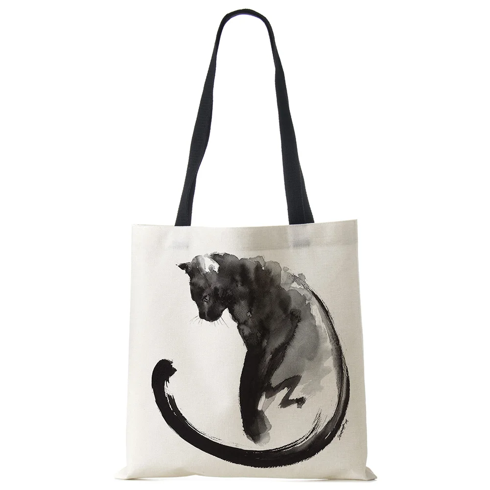 Lady Designer Tote Bags Sumi Black Cat Printed Linen Fabric Eco Handbag Shopping Office Reusable Casual Shoulder Bag