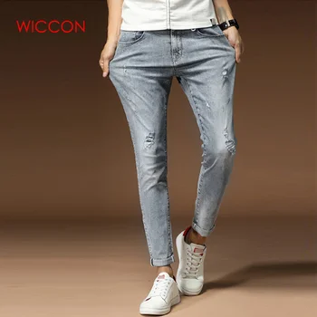 

2019 Autumn Men Casual Denim Pants Classic Cowboys Hole Jeans Slim Men Denim Trousers Man Light Blue Jeans Trousers