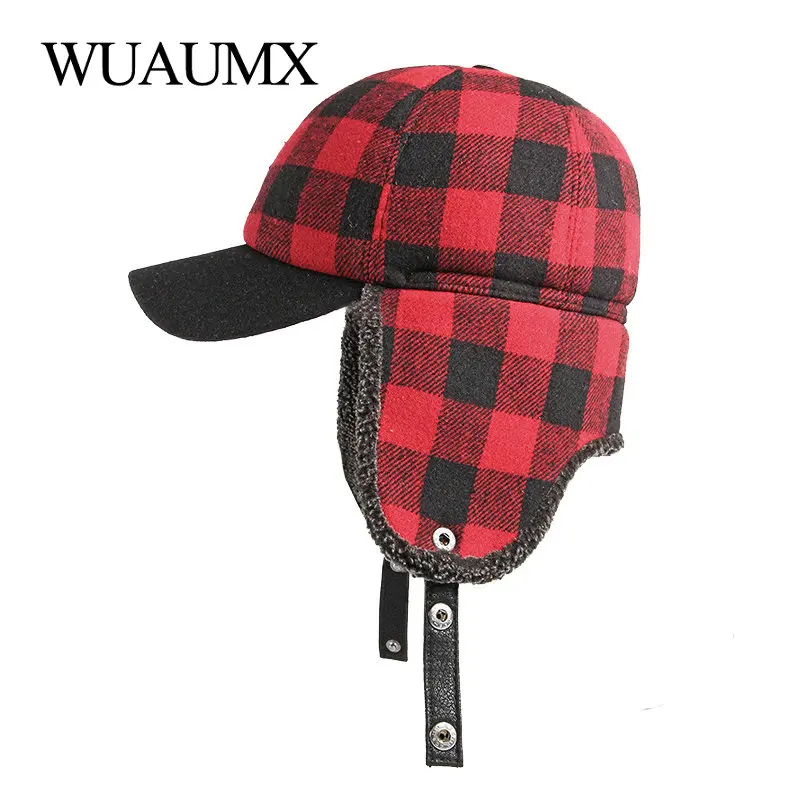 Wuaumx – chapeaux bombardier d'hiver pour hommes, chapeau de trappeur russe  épais, casquette de Baseball rouge noir à carreaux coupe-vent pour femmes -  AliExpress