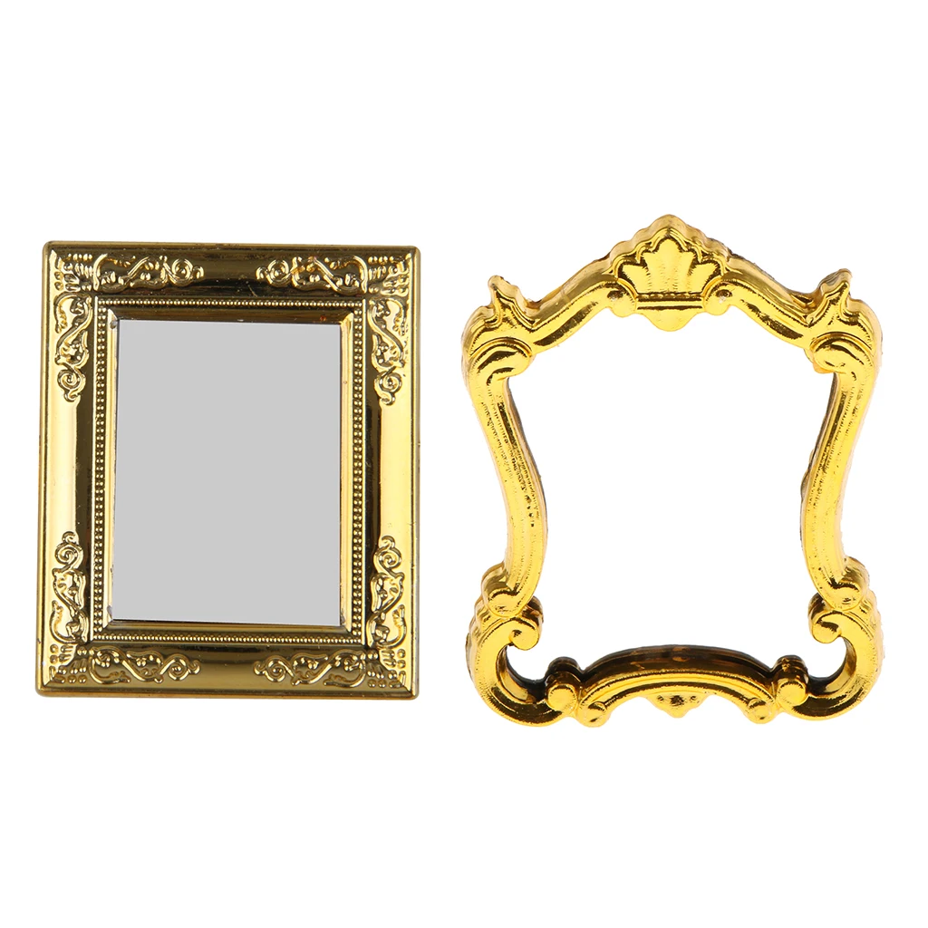 2pcs 1:12 Dollhouse Miniature Golden Mirror Rahmen for Bedroom Dresser or Bathroom Wall Decor Accessories, Mini Household Items