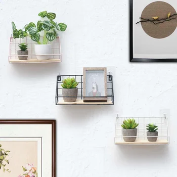 

Home Wooden Iron Wall Shelf Wall-Mounted Table Storage Rack Organization Wall Decoration Holder For Home Decor Kitchen Bedroom