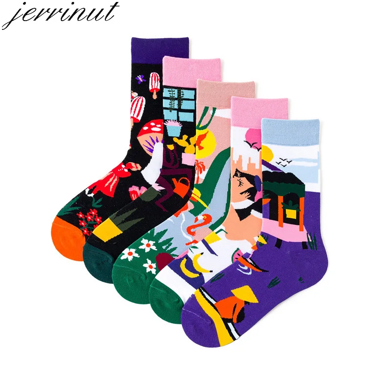 Jerrinut 1 пара Повседневное Harajuku Happy Для женщин Носки забавные Повседневное Радуга Розовый Теплый осень-зима длинные носки хлопковые с забавным Coolmax