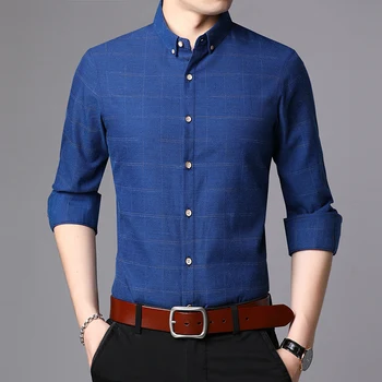 

QJ CINGA Men's Plaid Shirt Business Casual Shirts Size S-3XL Slim Men's Cotton Shirt Red Blue 2019 New Camisa