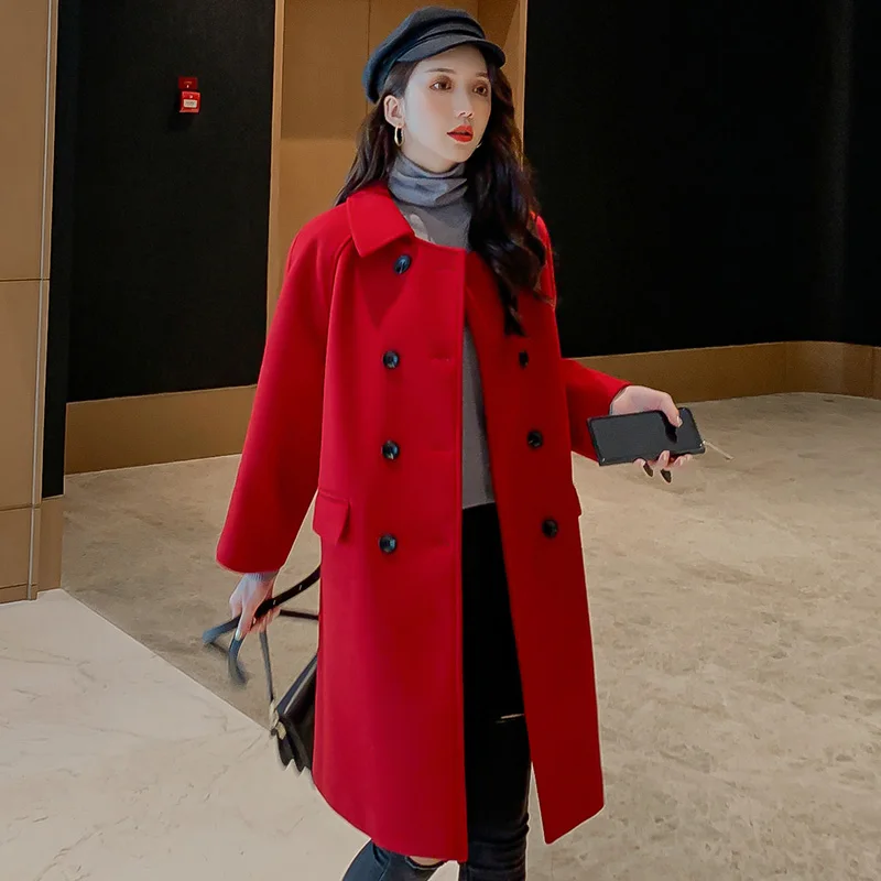 Женское двубортное шерстяное пальто новое осенне-зимнее повседневное свободное корейское шерстяное пальто с длинным рукавом женская красная верхняя одежда Mujer