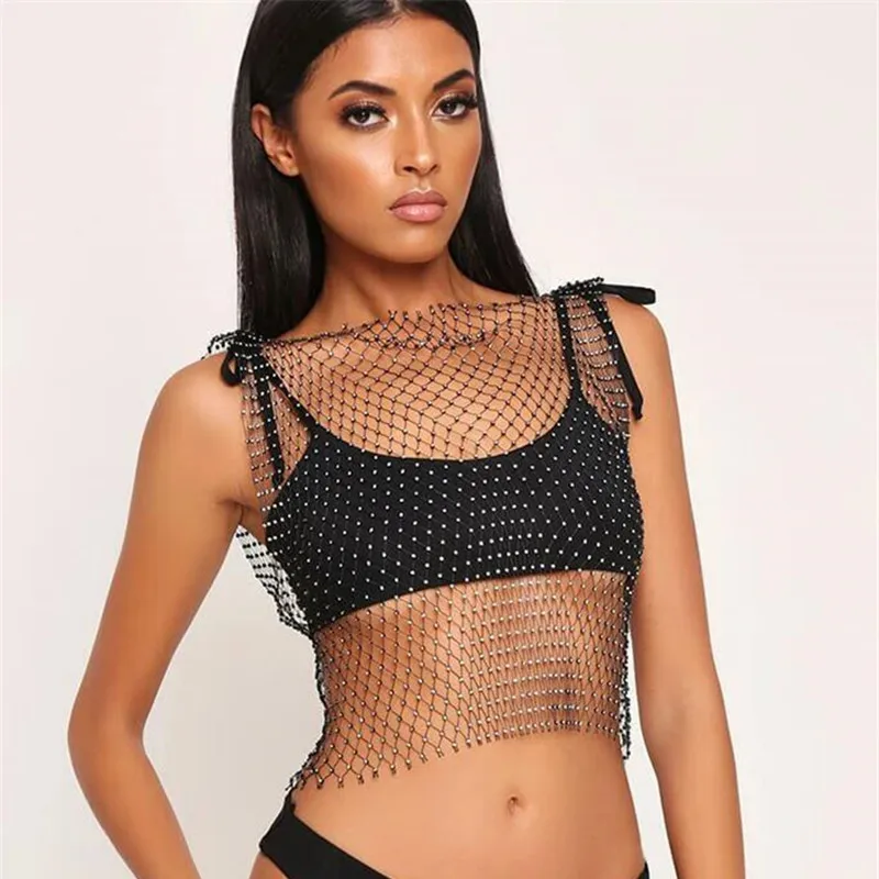 

WackDaria Women's dress Bling Crystal Diamond Beach Cover-up Fishnet Hollow Out Mesh Metal Chian Swimsuit Lingerie Sexy Dress