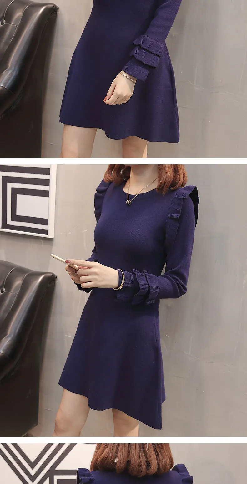 Супер-горячий свитер женский осенне-зимний корейский стиль круглый воротник средней длины тонкий пуловер трикотажное платье-0750