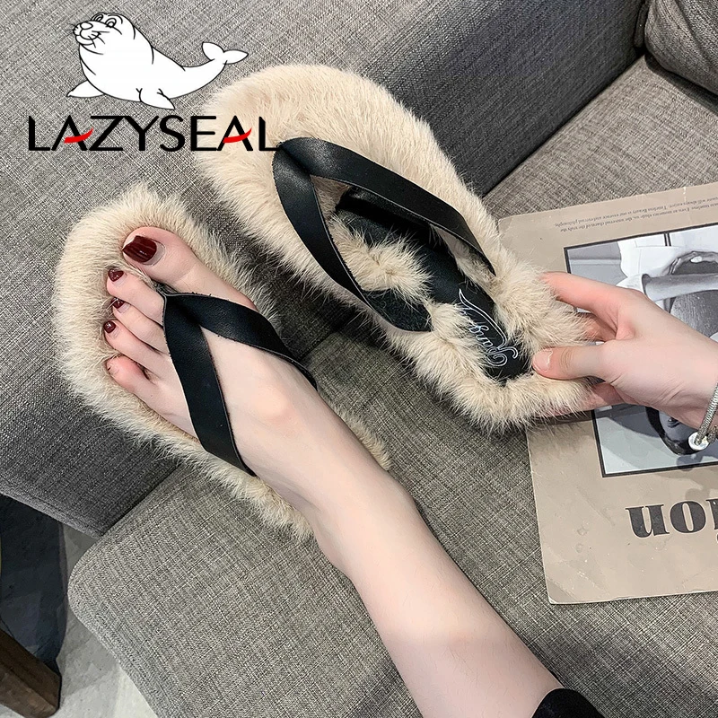 LazySeal обувь с разноцветным мехом; женские Вьетнамки; Новинка; Модные женские домашние тапочки на Плоском Каблуке; сезон осень-зима; женские шлепанцы без задника