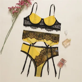 

Underwear 3 Pieces 2019 Transparent Lacely Lace Women Bra Set Sexy Ultra-thin Fashion Patchwork Bras G-string Garter Belt Sets