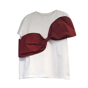 

Big Bow Patchwork T Shirt Women 2020 Summer Sweet Fashion Round Collar Short Sleeve t-shirt Ropa Mujer r617