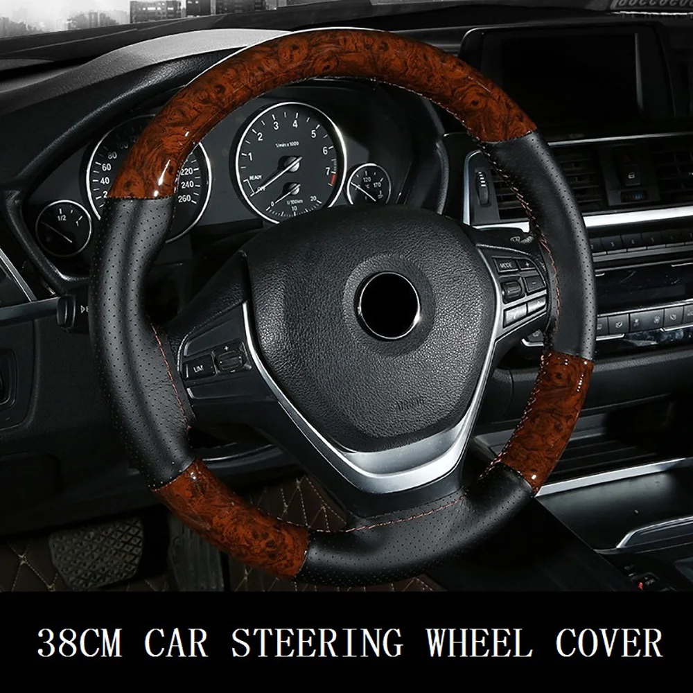 38cm Wooden Pattern Micfiber Leather Car Steering Wheel Cover Braiding Wheel Cover With Needle and Thread
