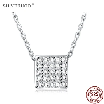 

SILVERHOO 925 Sterling Silver Simple Square Pendant Necklaces For Women Shining Zircon Necklace Fine Jewelry Romantic Gift Best