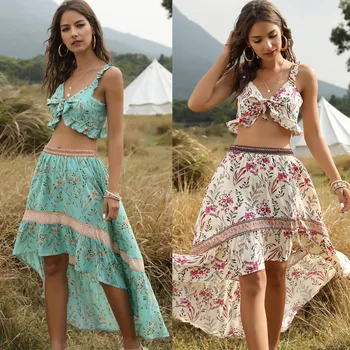 

Hot Sales Beach Holiday Tops + Skirt Bohemian Style Women's Two-Piece Set Fashion Women Sets Two Piece Set Top and Skirts