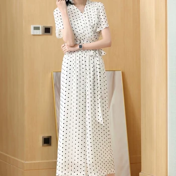 

Runway Sexy V-Neck Print Polka Dot Short Sleeve Bow Tie Top Stretch Elastic Elegance Temperament Wide Leg Pants Two Piece Set