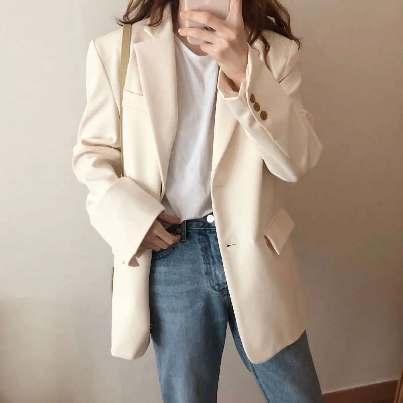 

2019 Autumn Office Lady Vintage Women's Blazer Jacket Loose Elegant Thin Suit Coat For Female All Match Black Apricot Blazers