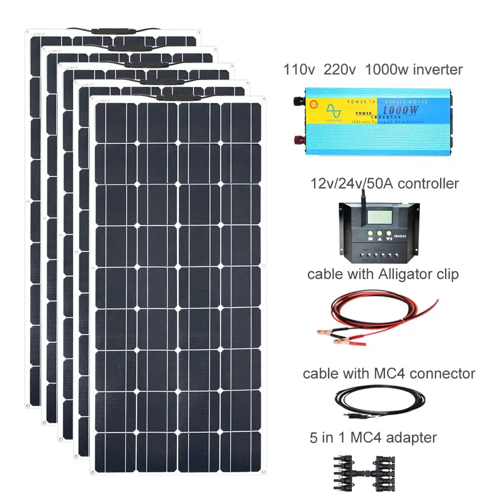 

XINPUGUANG 600w Off Grid Solar Kit 5pcs 120w Flexible Solar Panel Monocrystalline Module 50A Controller 1000w Pureshine Inverter