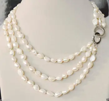

Real NEW 3 Rows 7-8mm Baroque White Freshwater Pearl Jewelry Necklace 17-19"
