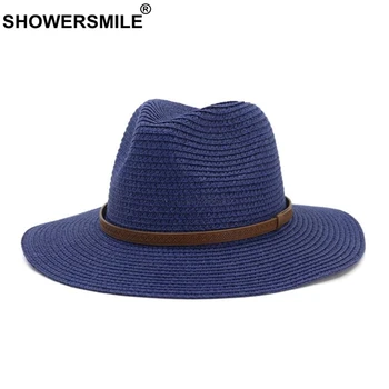 

SHOWERSMILE Women Summer Hats for Beach Woman Beautiful Navy Solid Straw Sun Hats Female Panama Hats Male Jazz Hat 7cm Wide Brim
