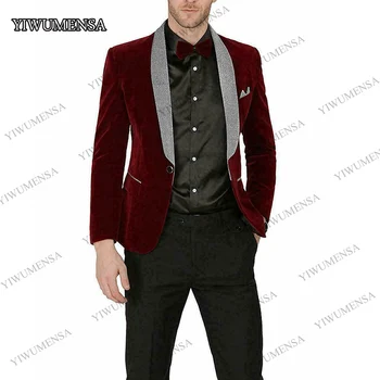 

Fashion Men Velvet Blazer Shiny Shawl Lapel One Button Jacket Coat Party Dinner 2 Pieces Casual Custom Made Wedding Suits Mens