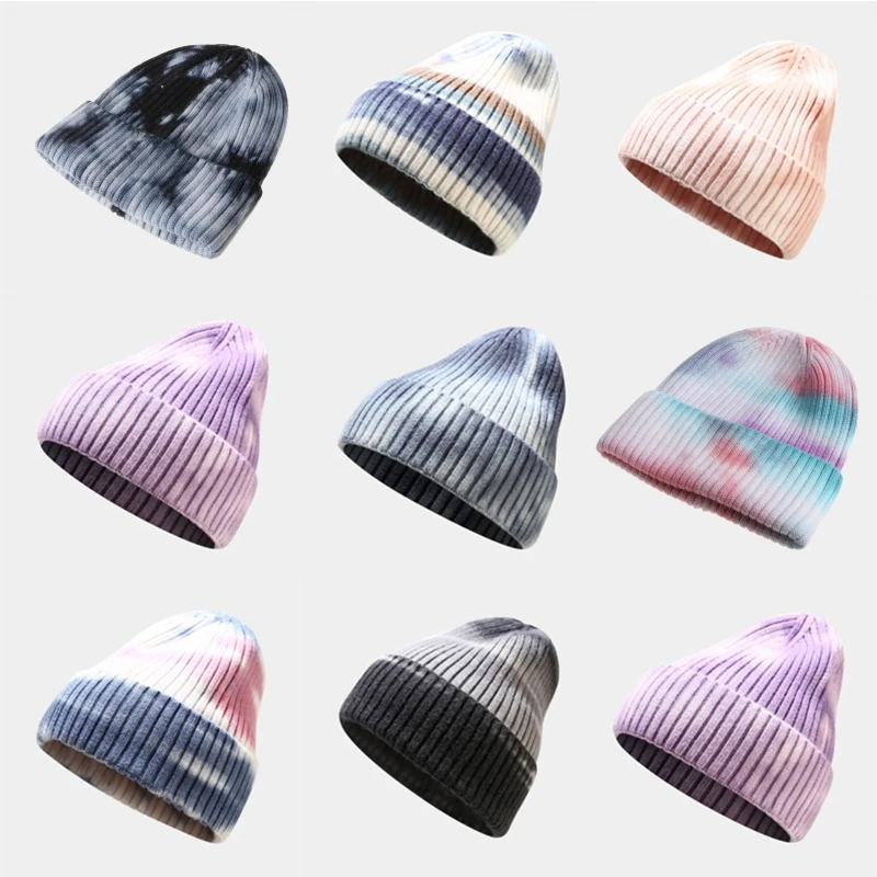 

Unisex Winter Warm Ribbed Knit Beanies Hat Gradient Tie-Dye Harajuku Hip Hop Outdoor Sports Snow Ski Stretch Cuffed Skull Cap