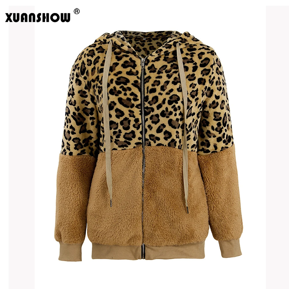 XUANSHOW зимнее модное пальто с леопардовым принтом Лоскутные женские куртки плюшевые флокированные теплые толстовки на молнии дамское пальто