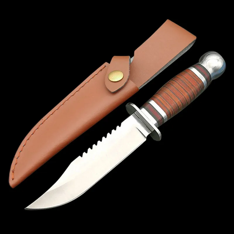 Baratos Mengoing hoja fija cuchillo de caza mango de madera cuchillos de supervivencia al aire libre cuero funda de Nylon