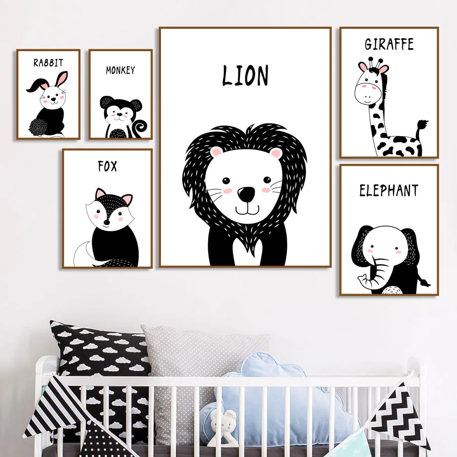 

Lion Fox Rabbit Giraffe Monkey Wall Art Canvas Painting Nordic Posters And Prints Black White Wall Pictures For Kids Room Decor