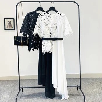 

Ladies Spring Summer New Fairy Hollow Out Lace Panel Irregular Chiffon Blouse Women's Holiday Beach Tops Long Shirt Ropa Mujer