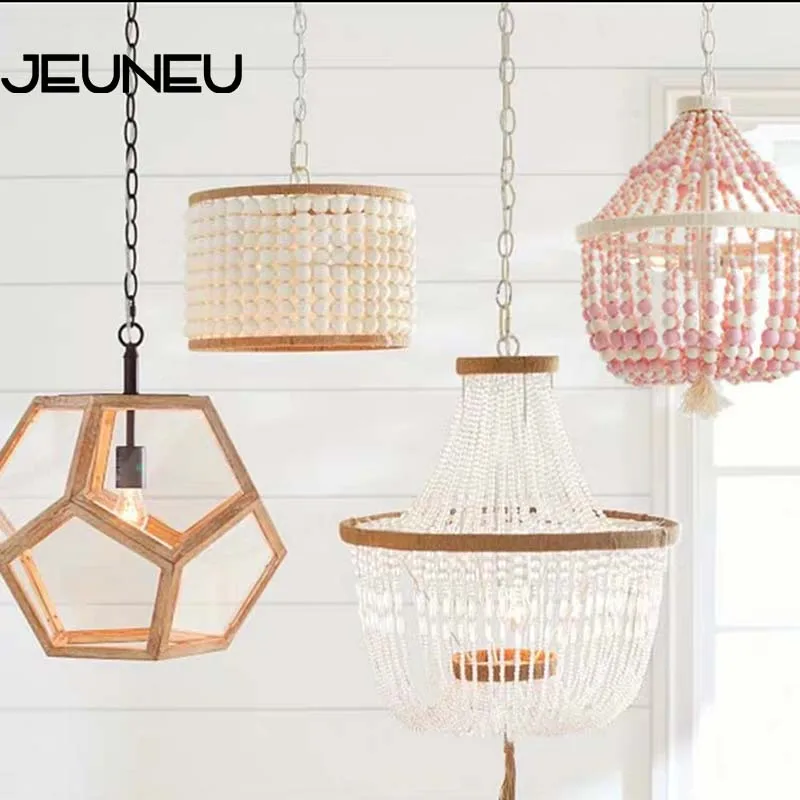 

Modern Minimalist Round Wooden Beads Pendant Lamp E27 Led Children Bedroom Crystal Pendant Light Living Room Hotel Kitchen Lamps