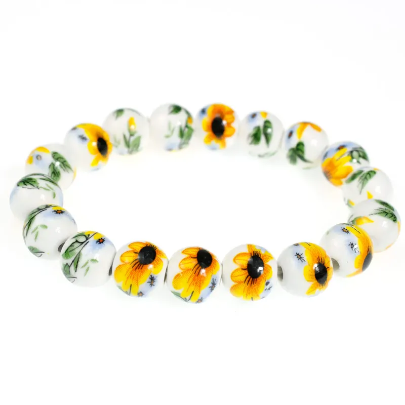 

3 Style 10mm Ceramic Round Beads Elastic Thread Bracele Flower Pattern For Women Men or Like it's Everyone