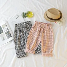 Свободные брюки в клетку для девочек; сезон лето; коллекция года; трендовая детская одежда в Корейском стиле; Детские прямые брюки с бантом