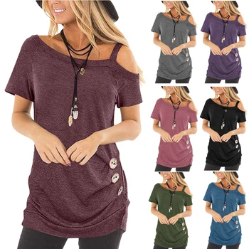 

Off Shoulder Sexy Women T-shirts Summer 2020 Short Sleeve Skew Collar Irregular Long Shirt Button Plus Size Women Clothing Tops