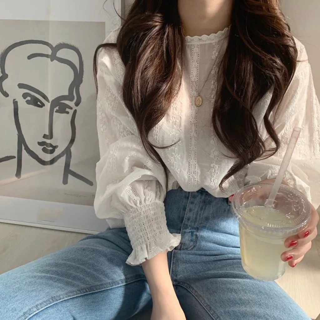 Women Blouses 2020 spring See-through Sheer Mesh Blouse Long Sleeve Shirt Tops Tee Shirts White Bloust O-neck Tops 3