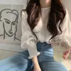 Women Blouses 2020 spring See-through Sheer Mesh Blouse Long Sleeve Shirt Tops Tee Shirts White Bloust O-neck Tops 3