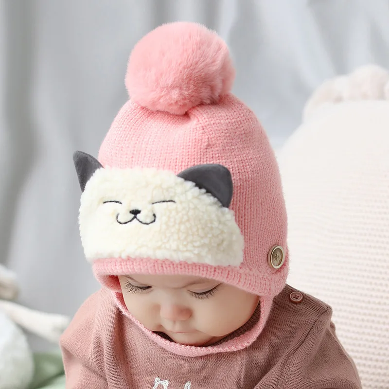 Розовый Kacakid для детей милый кот шерсть Шапки детская бальная knitten шапка Детская кепка новороденный малыш хлопок шляпа - Цвет: Розовый