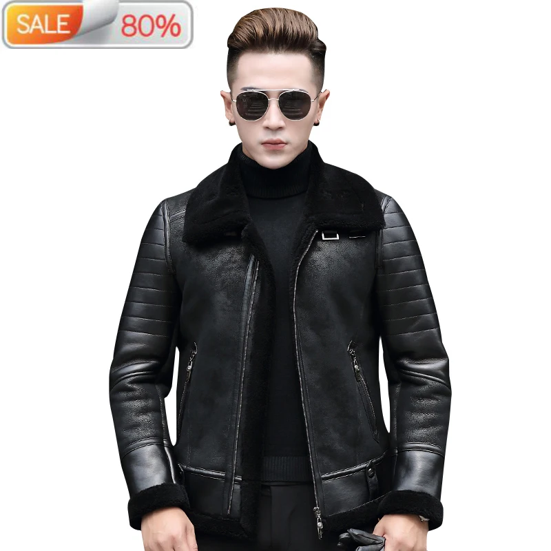 

Genuine Leather Pilot Jacket Sheepskin for Men Natural Wool Fur Coat Motorcycle Chaqueta Cuero Hombre A726 B2A26